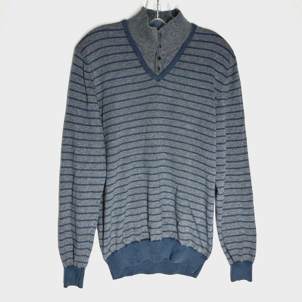 Massimo Dutti Men's Cotton Cashmere Blend Sweater Size L (40) Gray Blue Striped